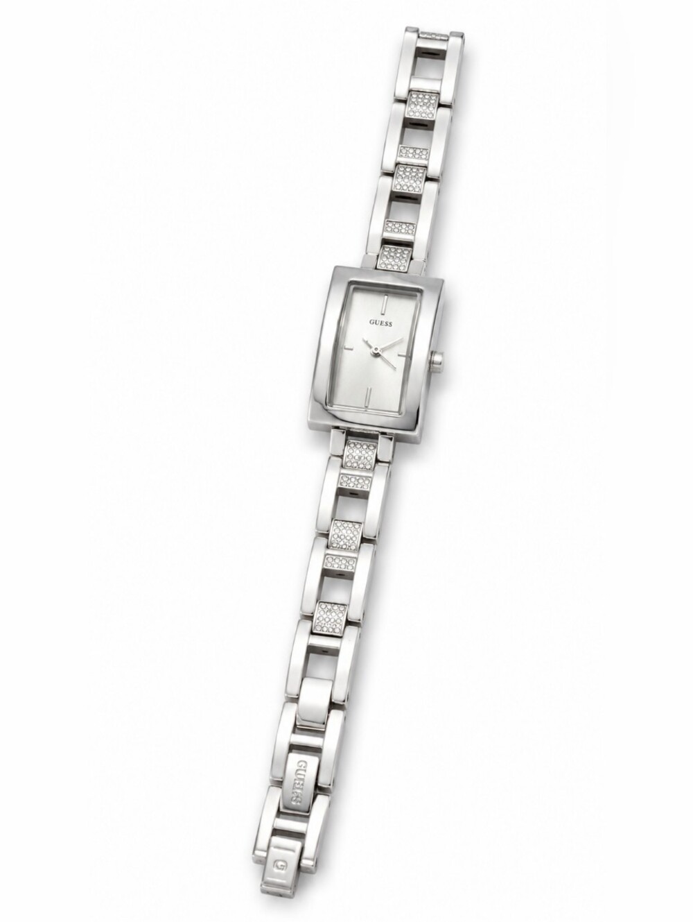 GUESS Women’s Silver-Tone Analog Quartz Watch Rectangular Crystal Link Bracelet